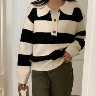 Two Tone Polo Sweater Stripes - Black & White - One Size