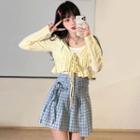Long-sleeve Tie-front Frill Trim Top / Camisole Top / Plaid Mini A-line Skirt