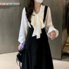 Long-sleeve Bow Blouse / Midi A-line Suspender Skirt