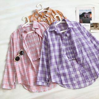 Set:color-block Plaid Tank Top + Plaid Long-sleeve Jacket