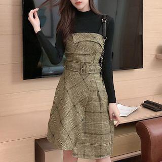 Set: Mock-neck Knit Top + Plaid Mini A-line Overall Dress
