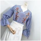 Gather-cuff Embroidery Striped Blouse