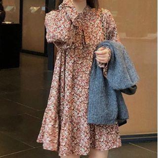 Floral Print Long-sleeve Mini A-line Dress / Knit Vest