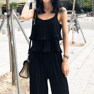 Set: Plain Camisole Top + Cropped Wide-leg Pants