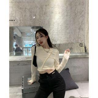Long-sleeve Irregular Buttoned Crop Top As Shown In Figure - One Size