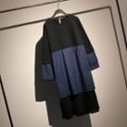 Mock Two-piece Denim Panel Pleated Midi Pullover Dress