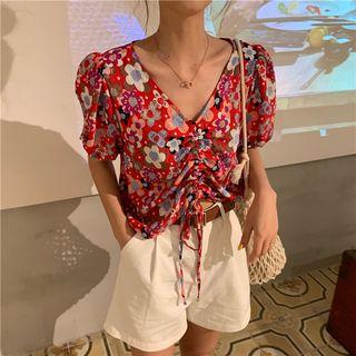 Drawstring Floral Print Short Sleeve Top