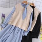 Set Of 2: Plain Sleeveless Knit Top + Polka Dot Long-sleeve Shirt Dress