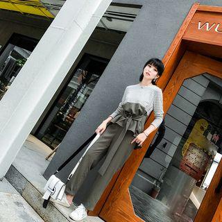 Set: Long-sleeve Stripe Panel T-shirt + Straight-cut Pants