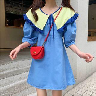 Collared Elbow-sleeve A-line Dress As Shown In Figure - One Size
