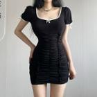 Short Sleeve Contrast Trim Ruched Mini Dress