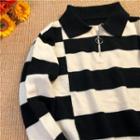 Stripe Half-zip Polo Knit Top Black - One Size