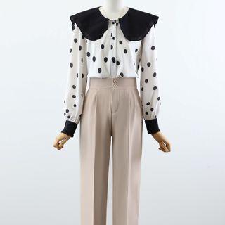 Puff-sleeve Blouse / Straight Leg Pants