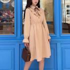 Long-sleeve Frill-trim Collared A-line Dress