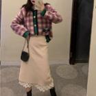 Plaid Cardigan / A-line Midi Lace Skirt