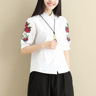 Elbow-sleeve Floral Embroidery Shirt