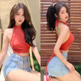 Plain Lace-up Halter Tank Top Red - One Size