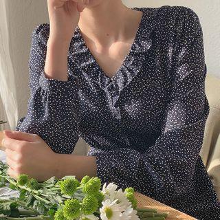 [cl ] Heart Pattern Long Dress Navy Blue - One Size