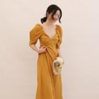 Puff-sleeve Square-neck Midi Dress