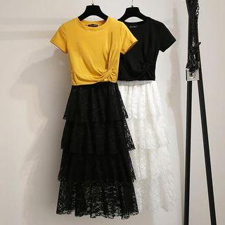 Set: Short-sleeve Twisted T-shirt + Tiered Midi Lace Skirt