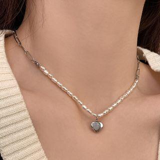 Heart Faux Cat Eye Stone Pendant Stainless Steel Necklace Silver - One Size