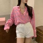 Two-tone Plaid Oversize Long Sleeve Shirt Pink Shirt - One Size