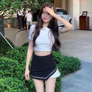 Short-sleeve Collar Cropped T-shirt / Two-tone Mini Pencil Skirt