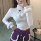 Long-sleeve Fluffy Trim Heart Embroidered Mock-neck Crop Top