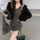 Open-front Loose-fit Hooded Jacket / Drawstring-side Striped Mini Tank Dress