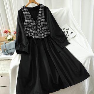 Set: Long-sleeve Midi A-line Dress + Tweed Vest