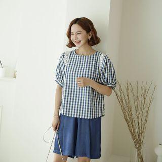 Lace-trim Checked Top