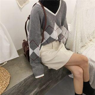 V-neck Argyle Pattern Sweater Gray - One Size