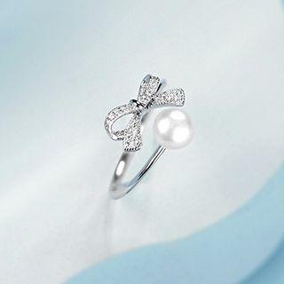 Bow Faux Pearl Sterling Silver Open Ring Silver - One Size