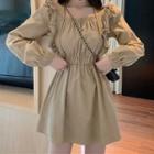 Square-neck Long-sleeve Mini A-line Dress Almond - One Size