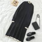 Color-block Frilled Long-sleeve Knit Dress As Figure - One Size