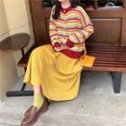 Long-sleeve Lace Top / Striped Cardigan / Midi A-line Skirt