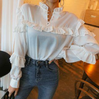 Frill-trim Sheer Satin Blouse