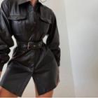 Faux Leather Belted Mini A-line Shirtdress