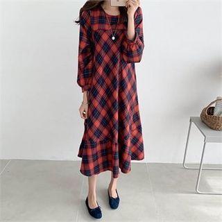 Ruffle-hem Plaid Long Dress