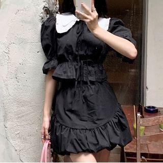 Puff-sleeve Bow Detail Blouse / Ruffle Hem Mini Skirt