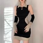 Set: Sleeveless Collared Knit Mini Bodycon Dress + Arm Sleeves