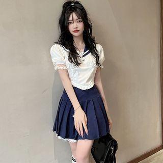 Sailor Collar Lace Trim Cropped Blouse / Mini A-line Skirt / Set
