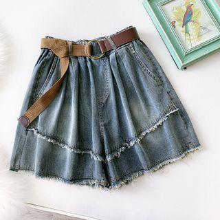 Denim Fray Trim Wide-leg Shorts