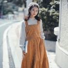Wide-strap Buttoned A-line Corduroy Dress
