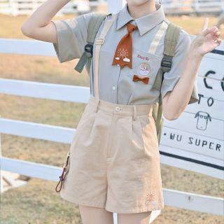 Short-sleeve Mock-tie Shirt / Embroidered Wide Leg Shorts
