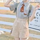 Short-sleeve Mock-tie Shirt / Embroidered Wide Leg Shorts