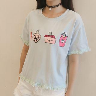 Perfume Print Fringed Short Sleeve T-shirt