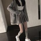 Cable Knit Cardigan / Pleated A-line Mini Skirt / Set