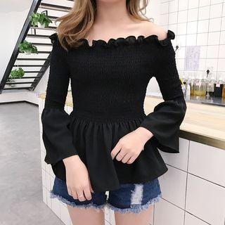 Shirred Off-shoulder Bell-sleeve Top
