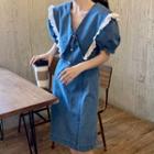 Peter Pan Collar Lace Flower Trim Denim Dress